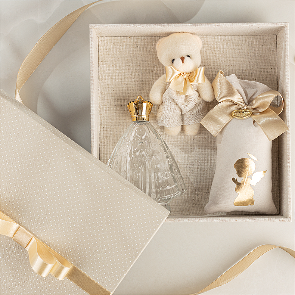 Caixa revelação de gravidez – N. S. Aparecida, chaveiro ursinho e sachê