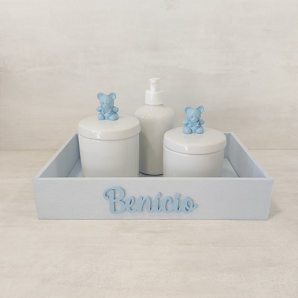 Kit higiene 3 peças e bandeja retangular em MDF