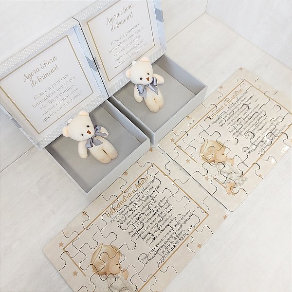 Caixa convite para padrinhos – chaveiro ursinho e quebra-cabeças