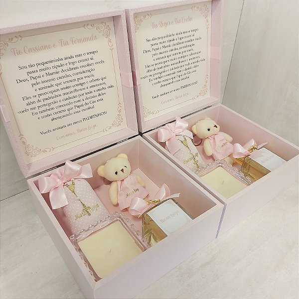 Caixa convite para padrinhos – Vela, sachê, aromatizador e chaveiro ursinho