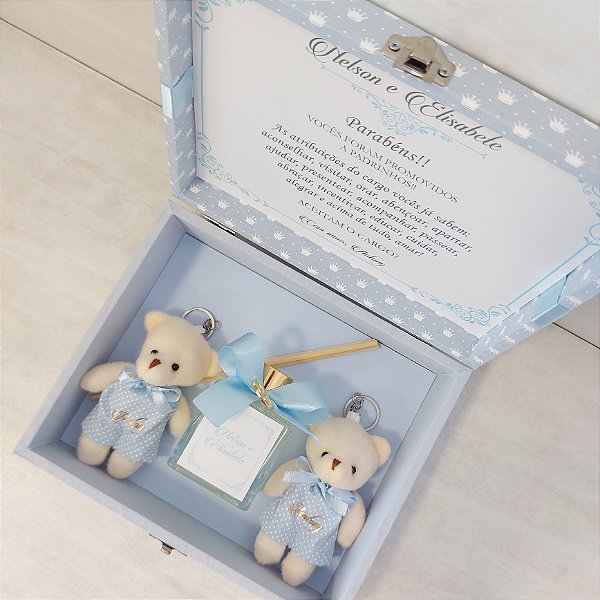 Caixa convite para padrinhos – Aromatizador e chaveiros ursinho