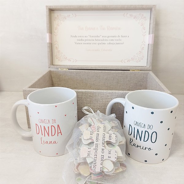 Caixa convite para padrinhos – Canecas personalizadas e quebra-cabeça