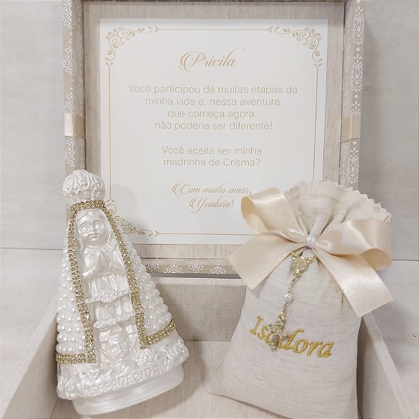 Caixa convite para padrinhos de crisma – N. S. Aparecida e sachê