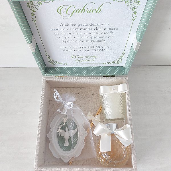 Caixa convite para padrinhos de crisma – Moldura, vela e aromatizador