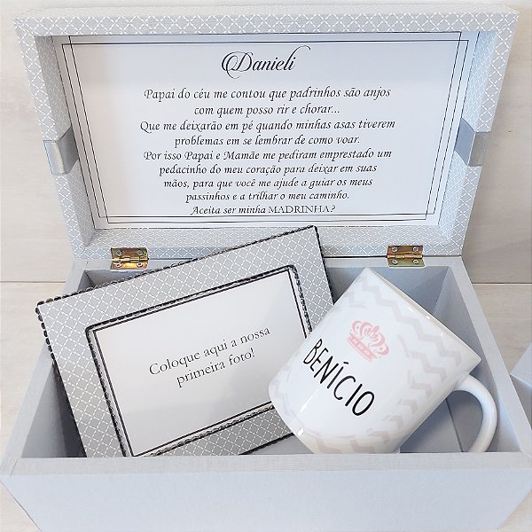 Caixa convite para padrinhos – caneca personalizada e porta retratos