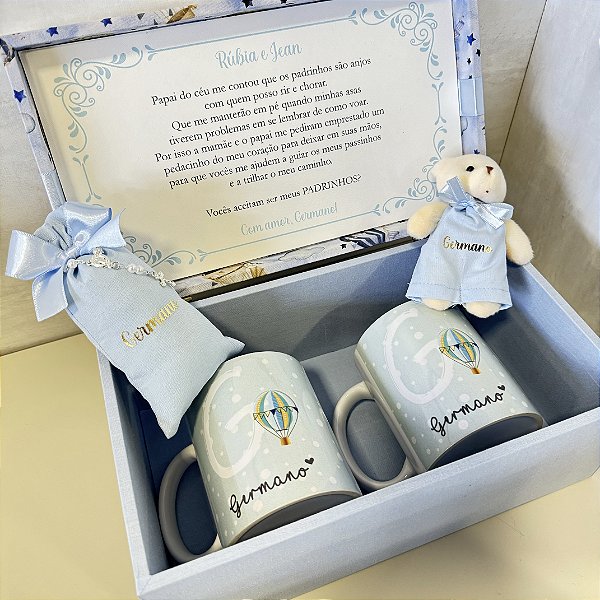 Caixa convite para padrinhos – Canecas personalizadas, chaveiro ursinho e sachê