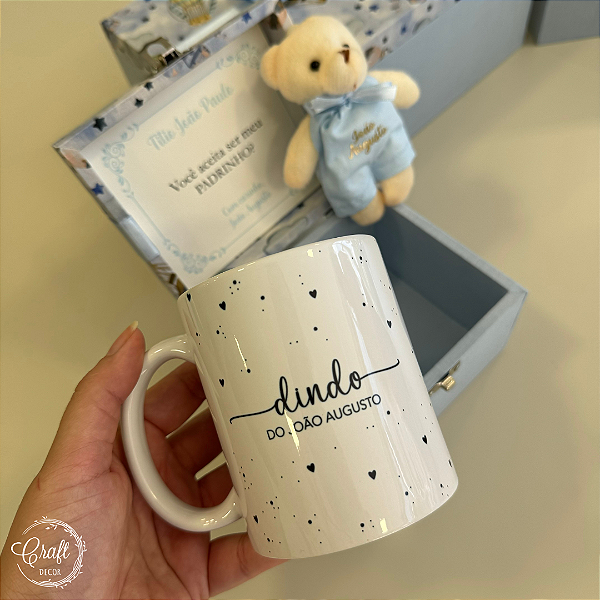 Caixa convite para padrinhos – caneca personalizada e ursinho