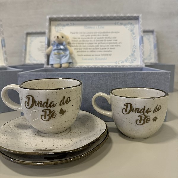 Caixa convite para padrinhos - Xícaras personalizadas e chaveiro ursinho