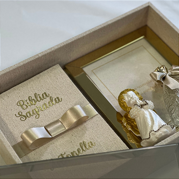 Caixa convite para padrinhos tampa de vidro bronze - Bíblia, porta retratos, anjinho e NS Aparecida