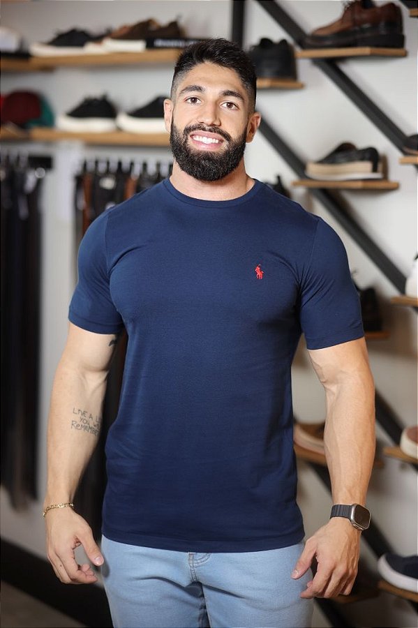 Camiseta Basica Ralph Lauren Azul Marinho Logo Vermelho