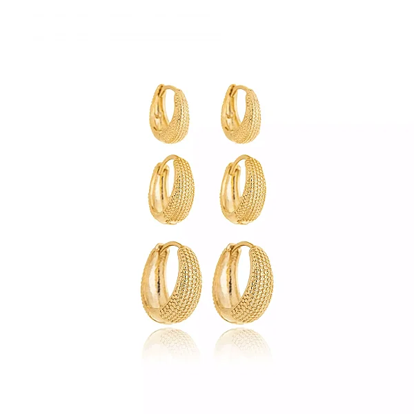 Trio de Argolas Texturizadas - Dourado