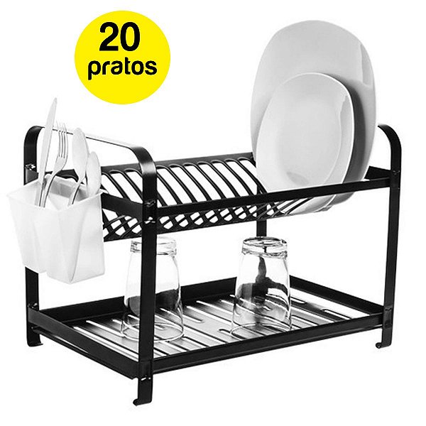 Escorredor de Louça 20 Pratos Aço Inox Preto Não Enferruja