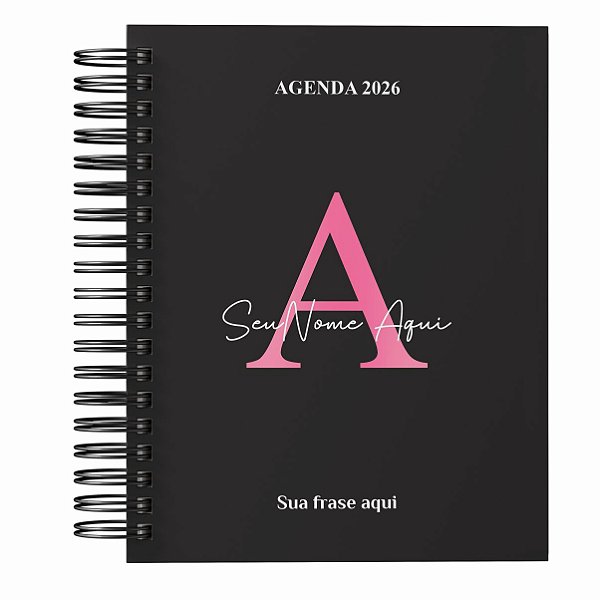 Agenda Inicial 2026 - Preto com Rosa - Personalize