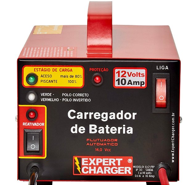 Carregador de Bateria 12 volts 10A - Automático Inteligente com Flutuador C/ REATIVADOR - PR10