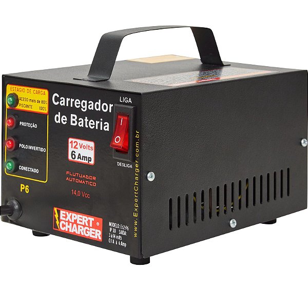 Carregador de Bateria 12 volts 6A - Automático Inteligente com Flutuador + plug para moto P6