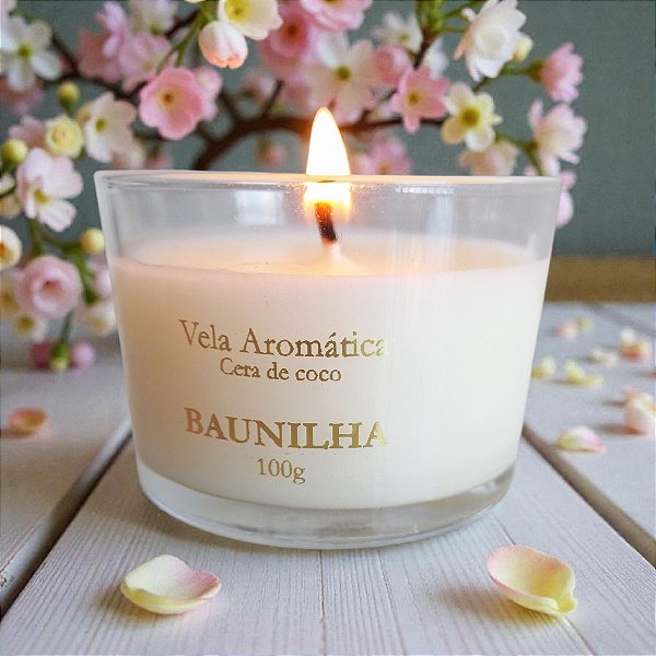 Vela aromática artesanal PREMIUM 100G - Aroma BAUNILHA / VANILLA - Com tampa de madeira