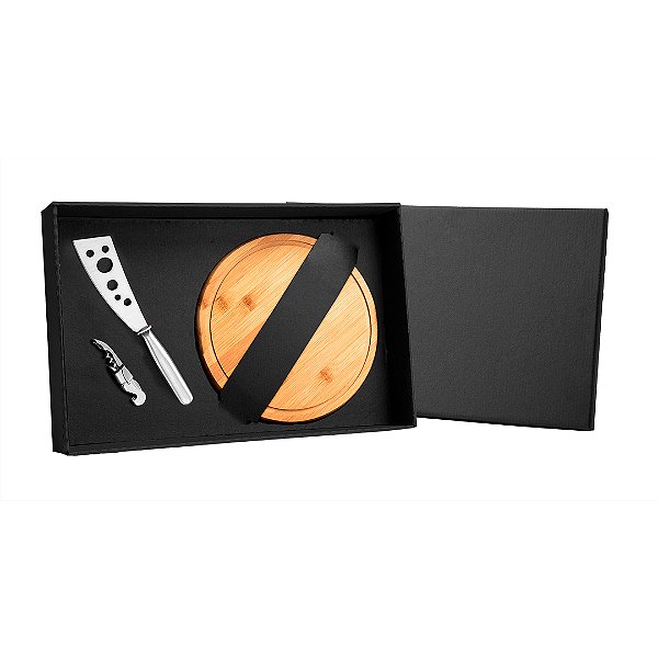 Kit Queijo E Vinho C/ Tábua, Faca E Abridor - 3 Pçs
