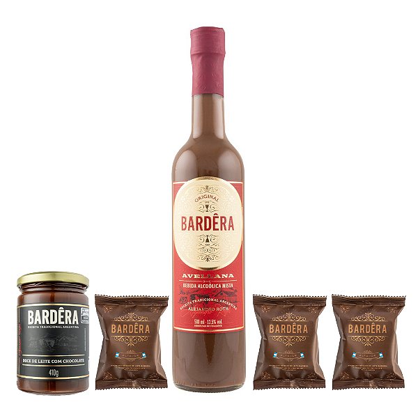 Kit: Chocolate (1 garrafa de Bardêra Avellana 500ml + 1 Pote de Doce de Leite com Chocolate Bardêra 410gr  + 3 Alfajores Bardêra 50gr.)