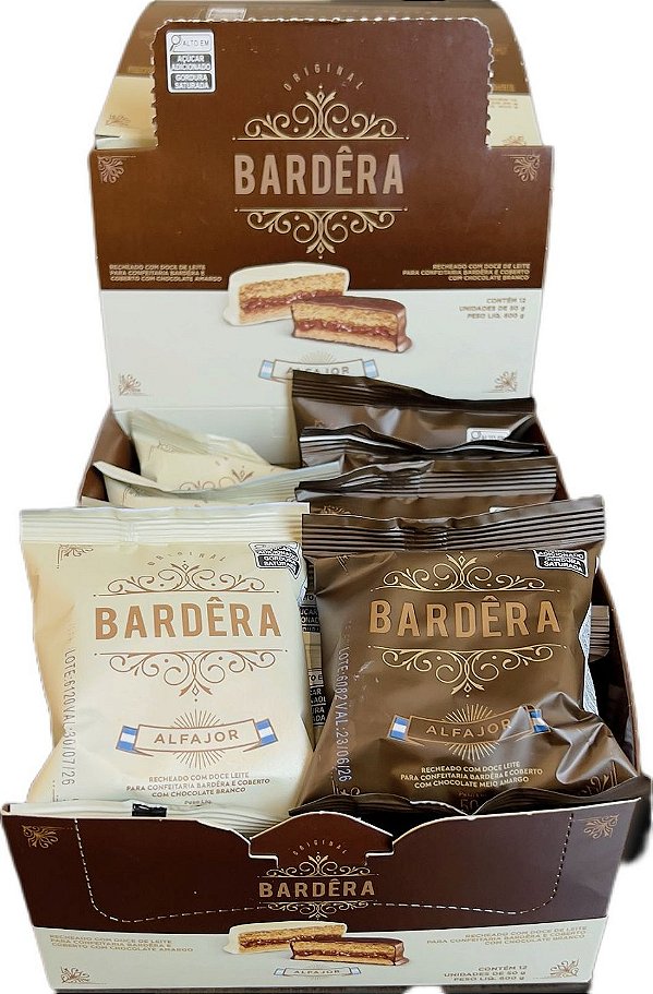 Display Alfajor Bardêra com 12un. 50gr - 6 Chocolate meio amargo 6 Chocolate branco