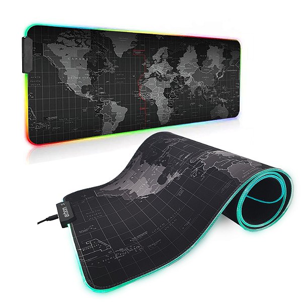 Mouse Pad Gamer Profissional Com LED RGB Grande 80x30cm Mapa Do Mundo