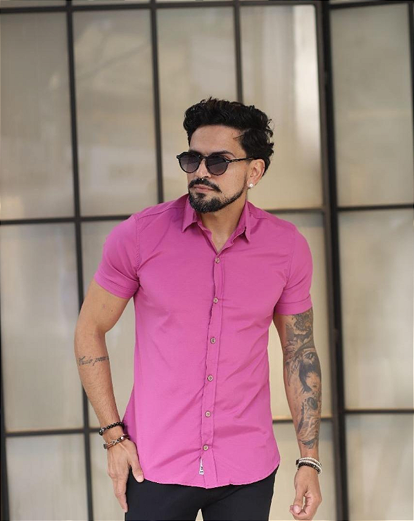 Camisa Social Manga Curta Rosa