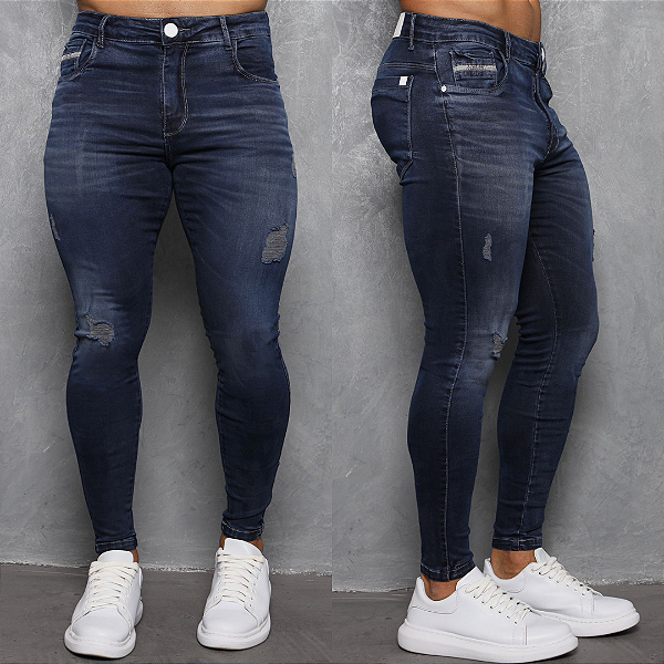 Calça Jeans Escura Devorê Detalhe Branco