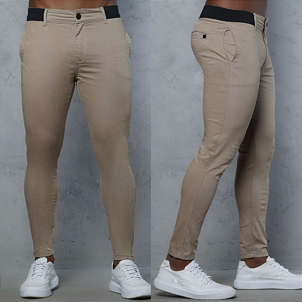 Calça alfaiataria khaki com elástico no cós