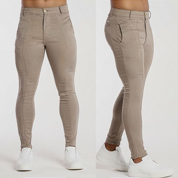 Calça Alfaiataria Caqui, Com Recortes