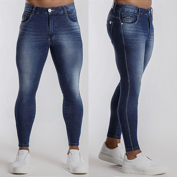 Calça Jeans Básica Escura, Com Bigode No Laser