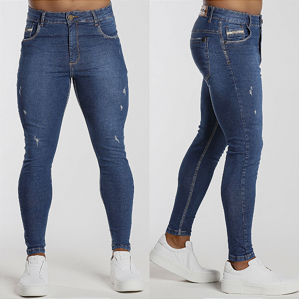 Calça Jeans Escura Com Bigode Prensado A Laser