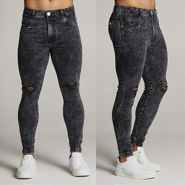 Calça Jeans Preta Rasgo no Joelho botão Branco