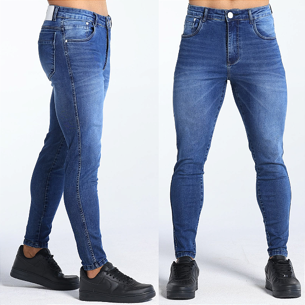 Calça Jeans Skinny Azul Escuro Aviamentos Brancos