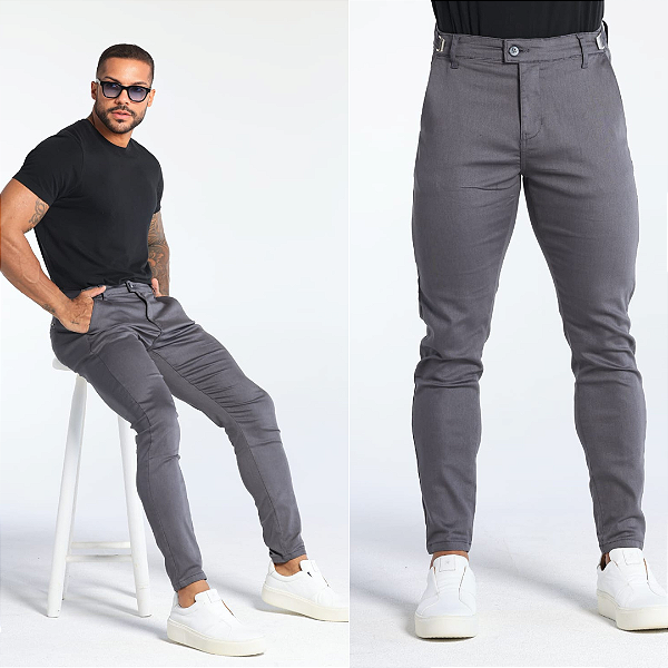 Calça Alfaiataria Skinny Ajuste Lateral – Cinza Escuro