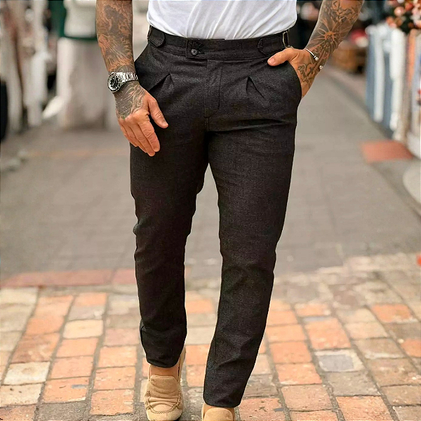 Calça Alfaiataria Jerry Ajuste Lateral Mescla Preto