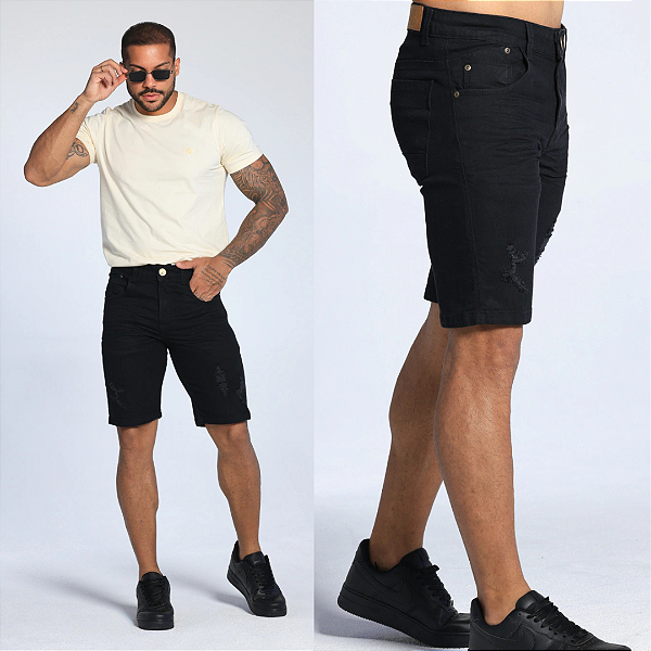 Bermuda Jeans Preta Destroyed
