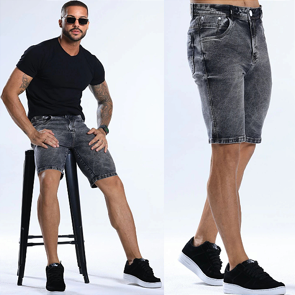 Bermuda Jeans Marmorizada Aviamentos Brancos