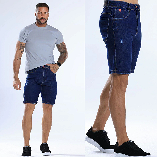 Bermuda Jeans Azul Escuro Aviamentos Vermelhos