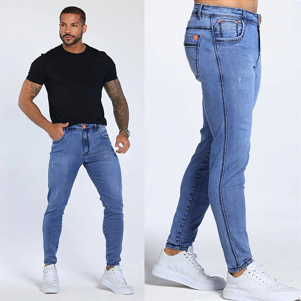 Calça Jeans Skinny Costura Dupla E Botão Laranja