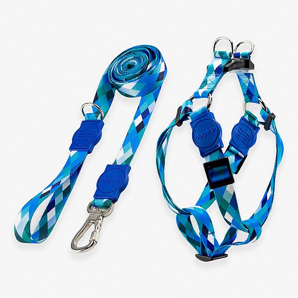 Kit Guia 2 Metros + Peitoral Americano Quadriculada Azul