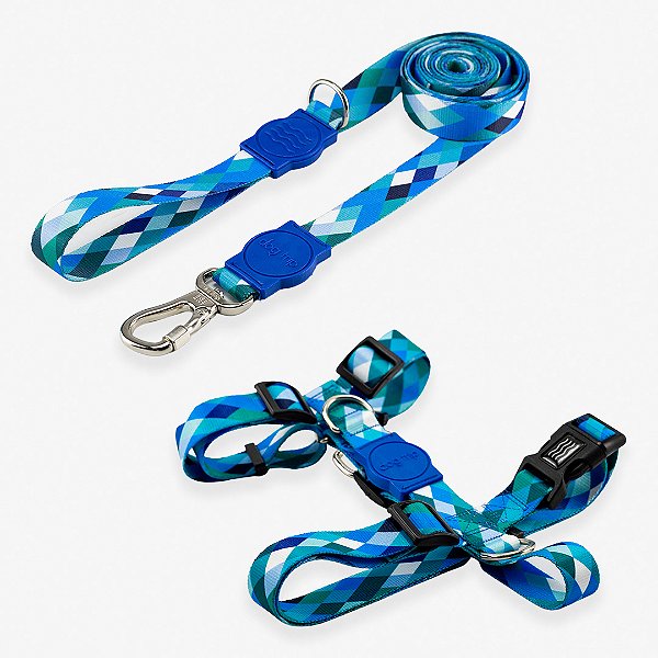 Kit Guia 2 Metros + Peitoral H Smart Quadriculada Azul