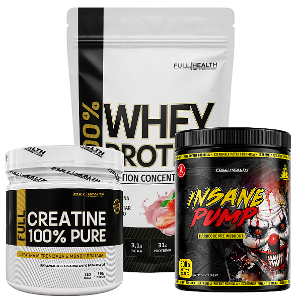 KIT WHEY 900G + CREATINA + INSANE PUMP 300G FULL HEALTH