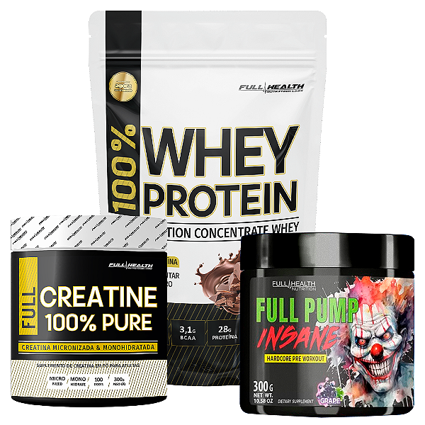 KIT WHEY 900G + CREATINA + INSANE PUMP 300G FULL HEALTH