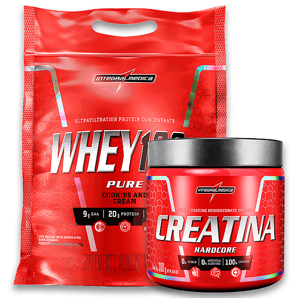 KIT WHEY PROTEIN 100% REFIL 900g + CREATINA 300G HARDCORE - INTEGRALMEDICA