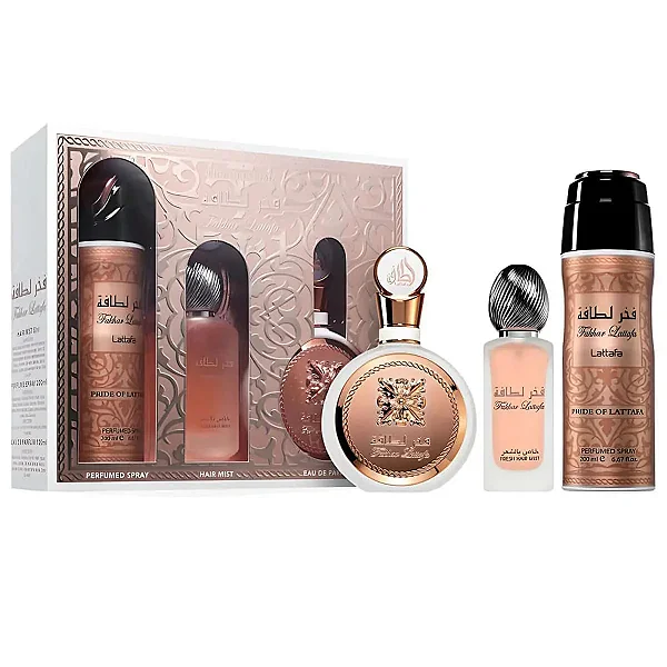 Kit Árabe Fakhar Lataffa Eau De Parfum: Perfume 100ml + Hair Mist (Perfume de Cabelo 50ml) + Perfume Spray 200ml -
