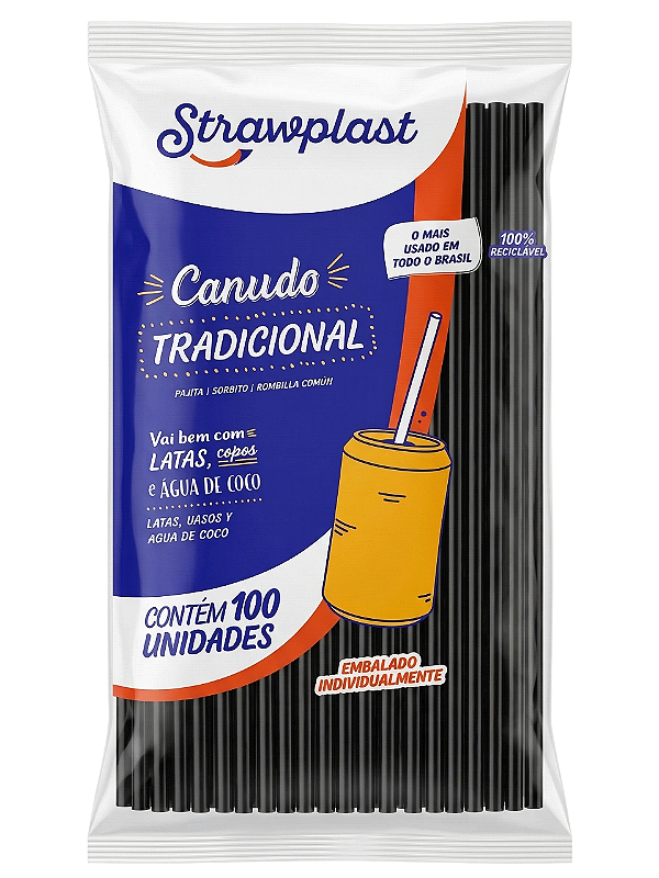 Canudo Tradicional Preto Sachê 5mm - C/100un | Strawplast