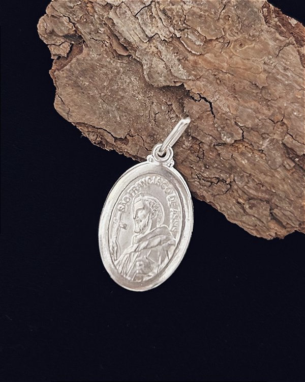 Pingente Medalha de São Francisco de Assis Oval 2,5x1,5cm - Prata 925