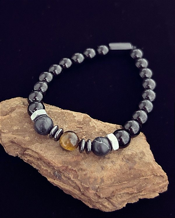 Pulseira Ônix c/ Olho de Tigre 18cm - Pedra natural