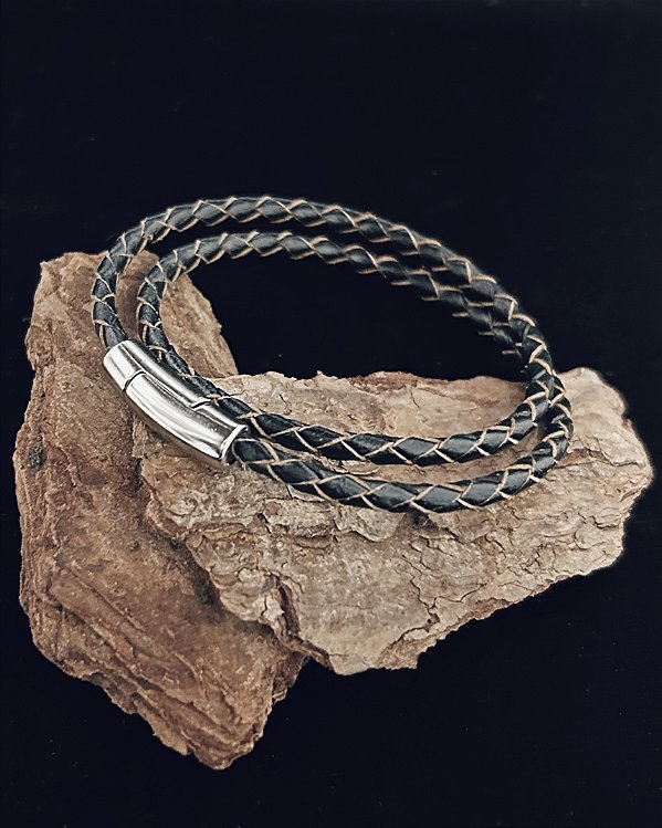 Pulseira Trançada Marrom 2 Voltas Fecho Imã 0,4cm 39cm - Couro