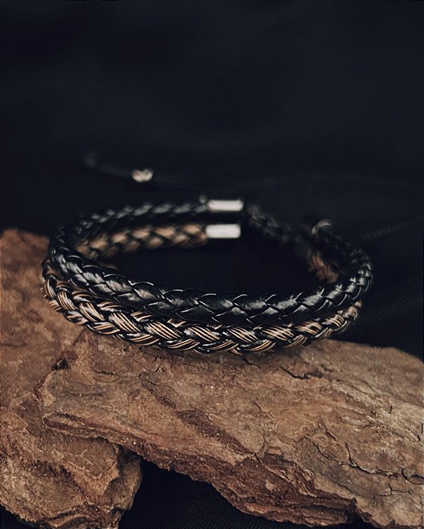 Pulseira Dupla Marrom e Preta 1,1cm Ajustável - Couro