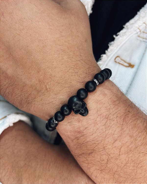 Pulseira Ônix Caveira Preta 18cm - Pedra Natural